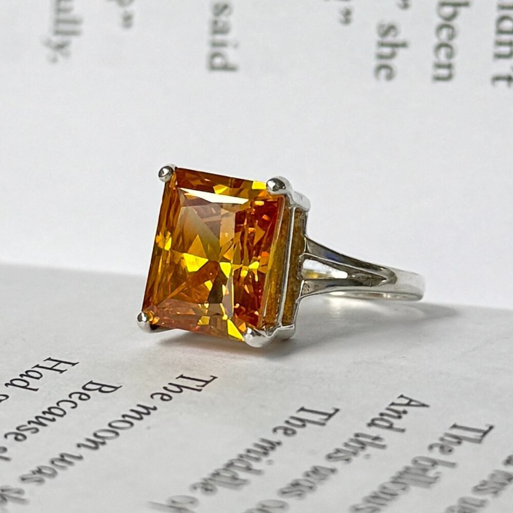 Sterling Silver Ring With Rectangular Golden Gems… - image 1